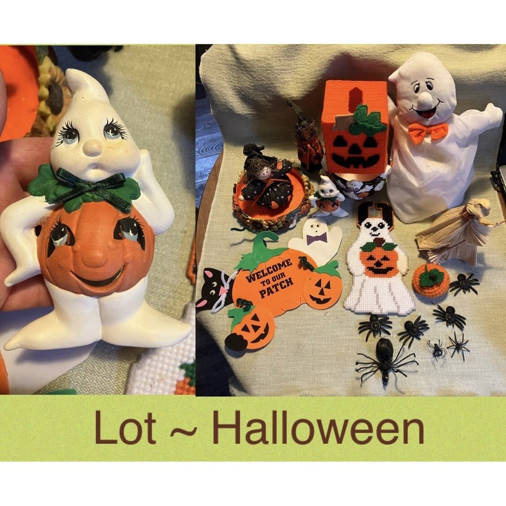 Vintage Halloween Decor Lot Ceramic Ghost Candle Holder Needlepoint Plush Spider